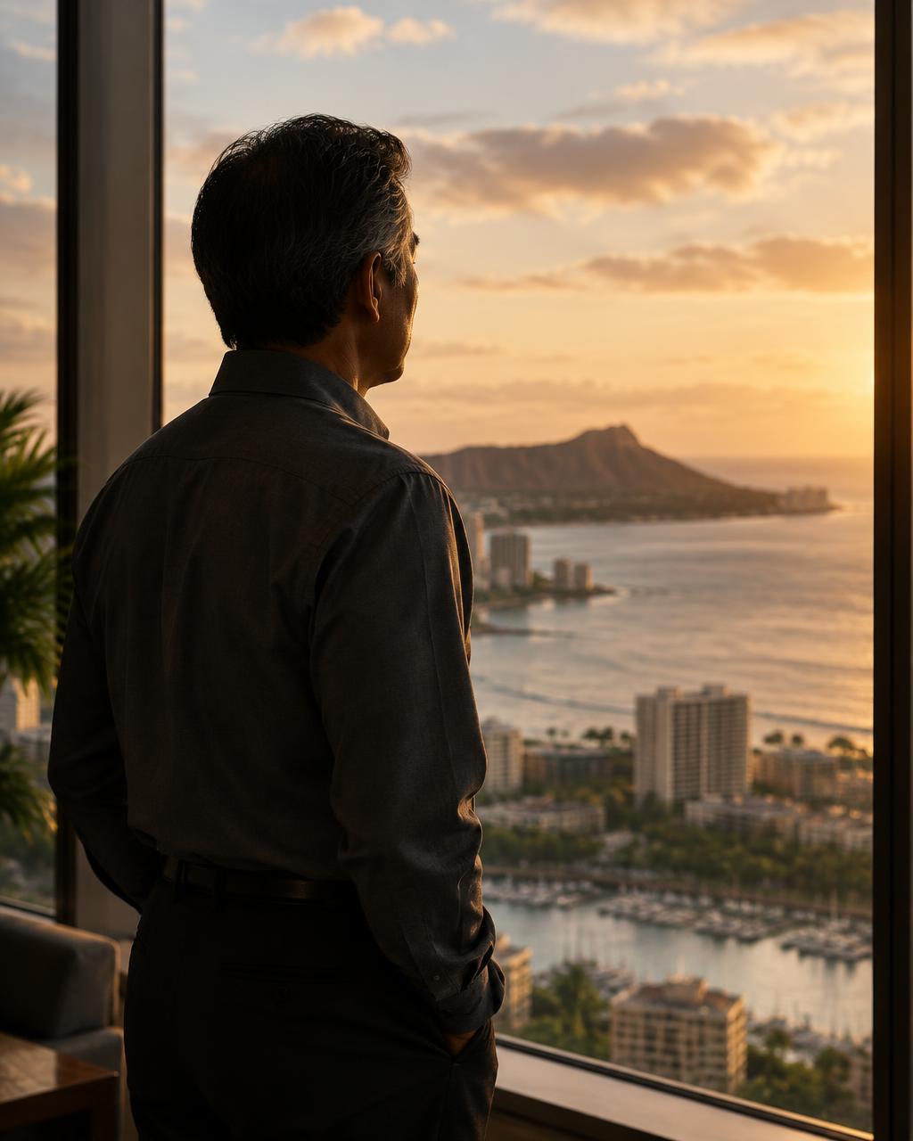 Editorial visualization of a thoughtful physician silhouette in Honolulu light
