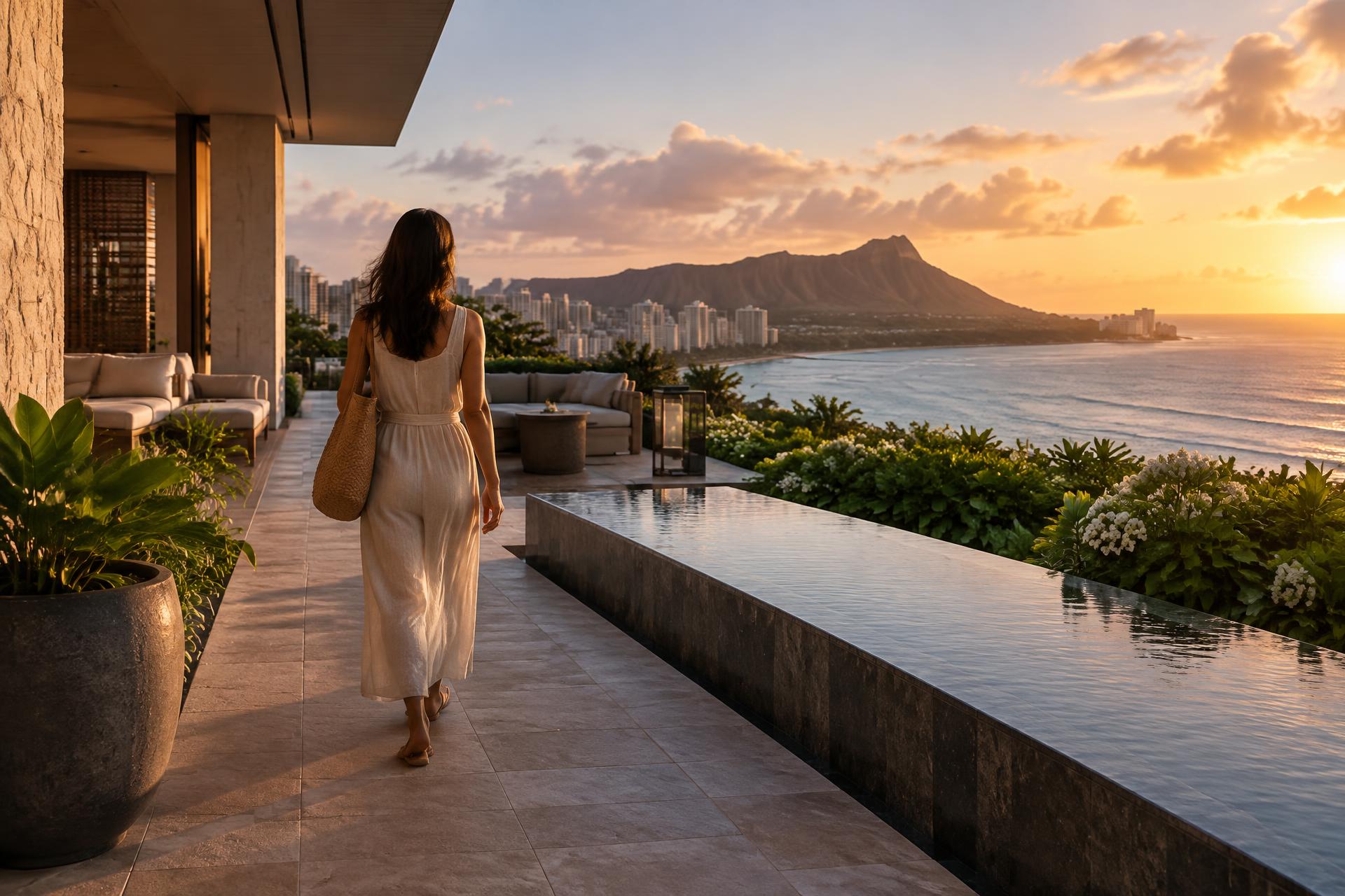 Editorial visualization of warm evening light over Honolulu
